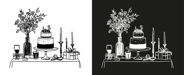 Wedding Card - minimalist hand drawn food and drink vector illustration. Wine, champagne glass, cheese, cake drawings for wedding invitations, menus and parties. Ink doodle sketch style