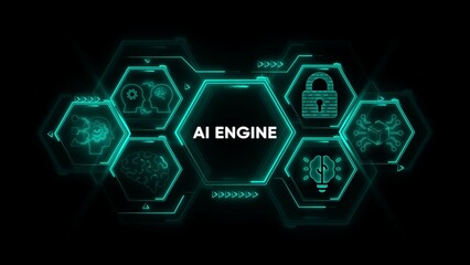 Futuristic AI Engine concept with glowing teal hexagons and icons on black background artificial intelligence ©  Fluxora