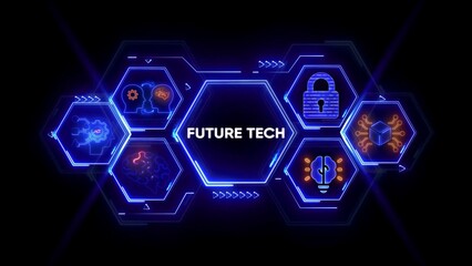 Futuristic digital network illustrating FUTURETECH concepts with AI and security icons FUTURE TECH