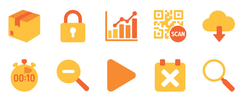 Colorful set of business and technology icons featuring lock, graph, and qr code