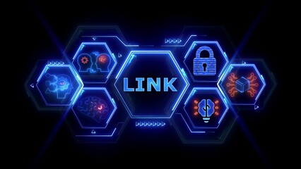 Futuristic Hexagonal Network Showing Linkages and Relationships With Central Word LINK connection