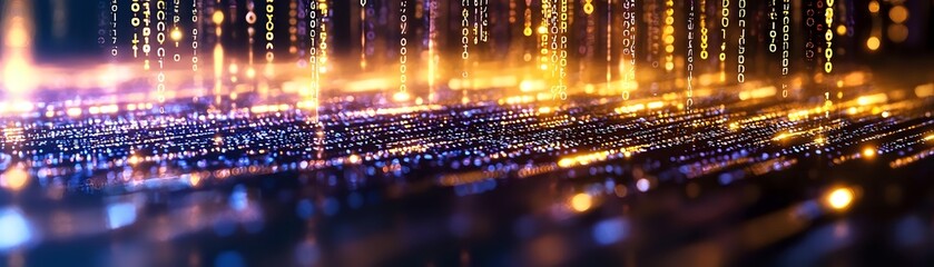Glowing digital data streams with golden light effects and blue network connections on dark background, panoramic technology concept visualization.