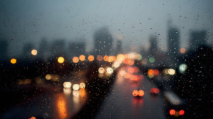 Rainy city view through a window with blurred lights and raindrops