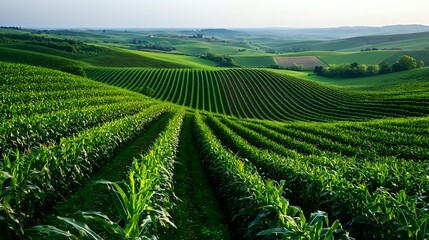 Rolling green agricultural landscape with rows of young corn plants stretching across undulating hills, creating geometric patterns in morning light against distant farmland.