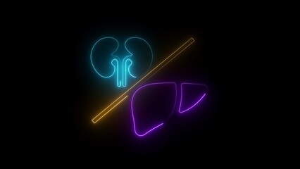 Neon kidney and liver icons with prohibition sign in blue yellow purple on black organ light