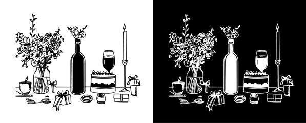 Wedding Card - minimalist hand drawn food and drink vector illustration. Wine, champagne glass, cheese, cake drawings for wedding invitations, menus and parties. Ink doodle sketch style
