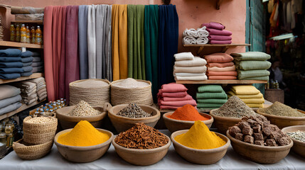 Colorful spices and textiles on display at a traditional Moroccan market
