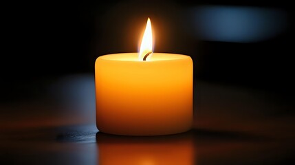 Single glowing candle flame illuminates warm yellow wax against dark background, creating peaceful ambiance for meditation, spa, or memorial settings.