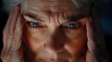 Close-up portrait of middle-aged Caucasian man with intense blue eyes holding head in hands, expressing worry, stress and anxiety against dark background.