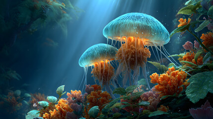 Glowing underwater scene filled with luminous jellyfish and coral 