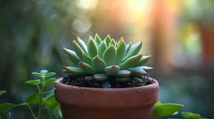 Succulent plant in terracotta pot against blurred natural background with warm sunset bokeh lights creating cozy garden atmosphere for home decor and botanical design.