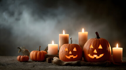 Spooky Halloween scene featuring carved pumpkins, glowing candles, and atmospheric fog