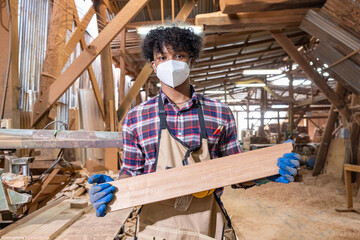 Young carpenter holding wood plank in workshop
