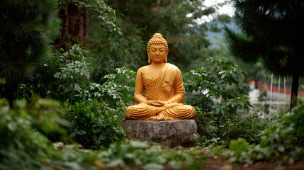 Golden Buddha statue in a serene garden setting with lush green foliage
