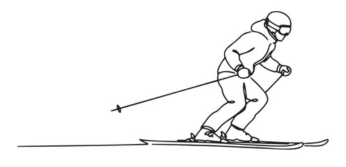 Minimalist black-and-white line drawing of skier gliding downhill with poles. Perfect for winter sports, travel, and active lifestyle content. Ideal for websites, social media, advertising, and promot