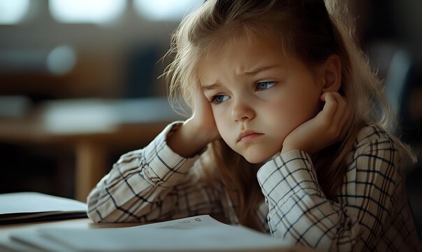 Pensive young girl with long blonde hair wearing checkered shirt resting head on hands while studying at desk, expressing boredom and tiredness during homework.