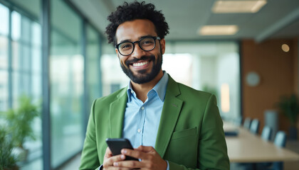 Happy african american businessman holds smartphone in modern office interior. Confident young male pro with glasses smiles at camera. Successful entrepreneur in green jacket communicates using