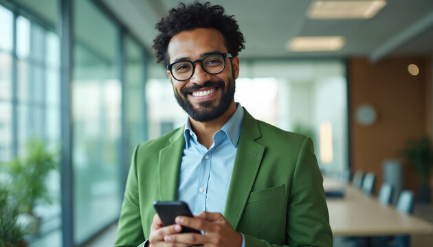 Happy african american businessman holds smartphone in modern office interior. Confident young male pro with glasses smiles at camera. Successful entrepreneur in green jacket communicates using