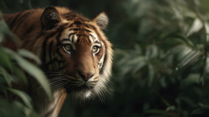 majestic tiger portrait peering through lush green foliage