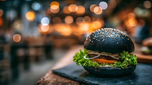 Black sesame bun burger with lettuce, tomato and onion on a dark bun, set on a slate board with a warm bokeh background. Concept Black sesame bun burger, Lettuce tomato onion toppings
