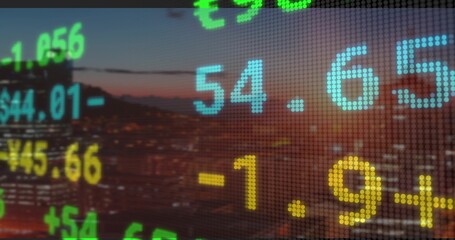 Displaying digital ticker overlaying skyline at dusk, with pixelated numbers and currency symbols