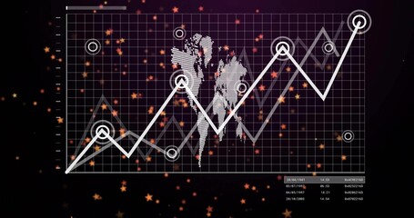 Displaying futuristic data dashboard, featuring world map white line graph and orange particles