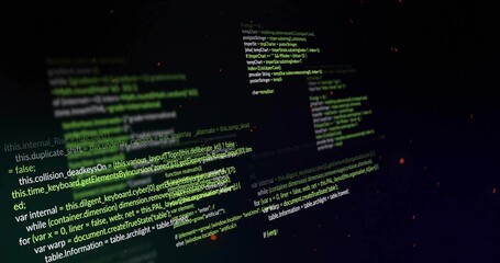 Floating color-coded code snippets appearing against dark canvas with glowing orange flecks