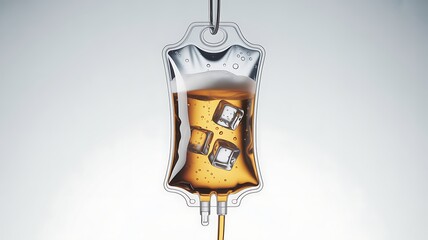 Obraz premium Saline bags filled with beer hanging on a hook on a white background