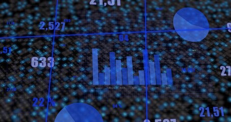 Showing vertical bar chart plotting monthly data on 3D screen with blue grid and circular charts