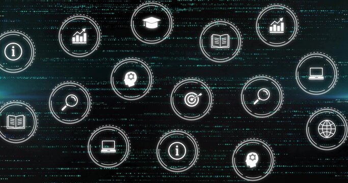 Floating icon cluster hovering over dark code grid, with data, info, search and education icons