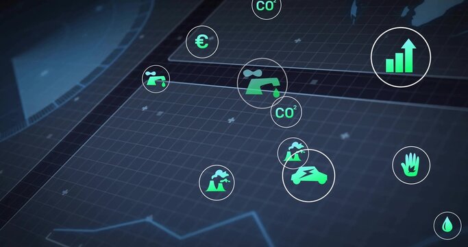 Displaying upward trending bar chart icon on grid, with green eco and financial icons, copy space