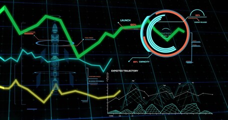 Displaying energy gauge tracking data on control console, with line graphs, rocket blueprint
