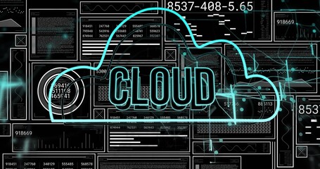 Showing neon CLOUD icon streaming data across dark digital interface, with multiple data panels