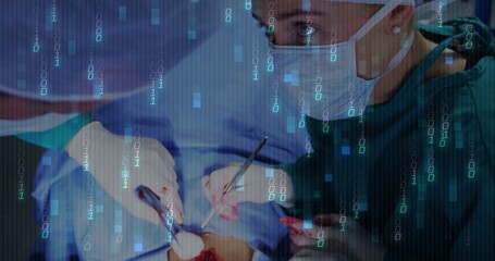 Performing surgery surgeon using scalpel on patient at OR table, with binary overlay, copy space