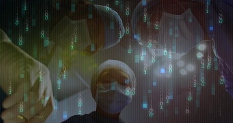 Performing surgery, surgical team operating in operating room, with binary code overlay