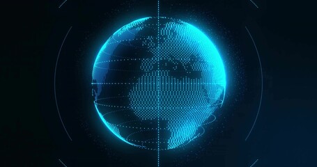 Obraz premium Rotating holographic globe displaying point cloud, grid lines in data space, data rings orbiting