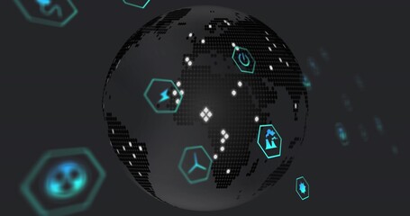 Dot-matrix globe rotating in lab, cyan hex frames power lightning flask propeller icons datapoints
