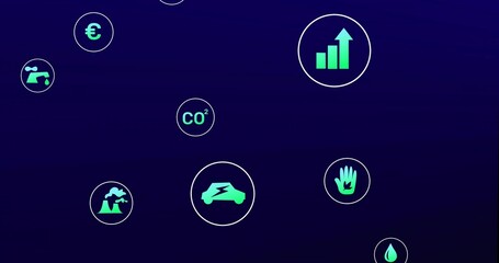 Floating bar chart arrow icon on right of neon green screen with sustainability symbols, copy space