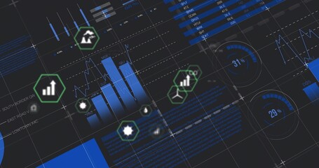 Visualizing dashboard in control room, with blue charts and white graphs, indicators, hex icons