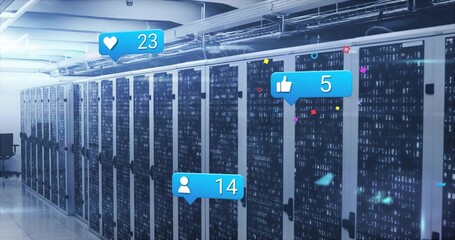 Displaying server racks streaming binary digits at data center, showing blue notification icons