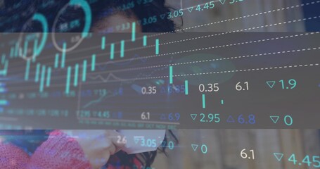 Lifting mug woman wearing red sweater eyeglasses in office with financial chart overlay, copy space