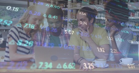 Collaborating friends analyzing stock data on laptop at coffee shop, with cups and market overlay