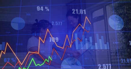 Korean woman holding infant as physician examining in exam room with stethoscope and data overlays