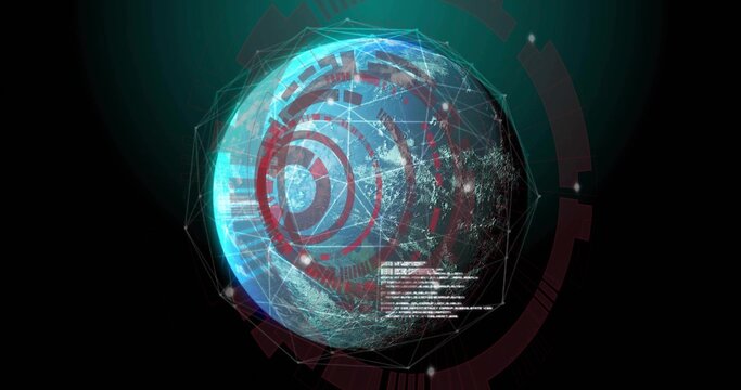 Naklejki Holographic Earth globe rotating in digital display, showing mesh, red rings, data lines