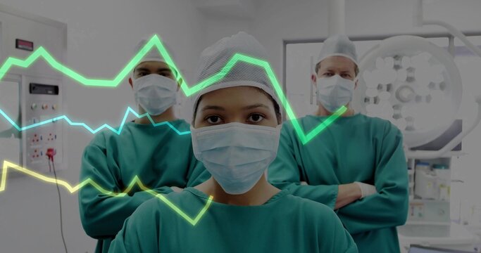 Standing woman in green scrubs checking data in operating room, with console and waveform overlay - Powered by Adobe