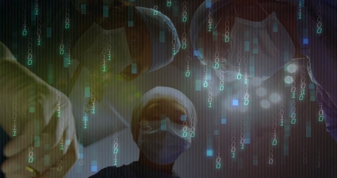 Performing surgery, surgical team operating in operating room, with binary code overlay