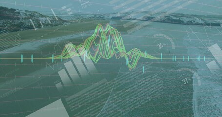 Displaying translucent waveform graph over coastal aerial scene, with bar charts gauges grid lines