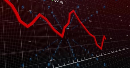 Showing red trend line fluctuating on digital chart with grid, blue labels and radial pattern
