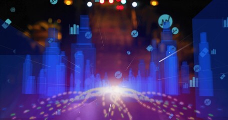 Depicting translucent blue data pillars rising in digital city, with light, trails and graph icons