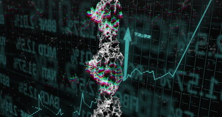 Glitch double helix floating in trading dashboard, with up arrow, candlestick and line chart data